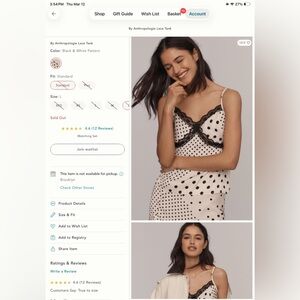 Anthropologie polka Dot Lace Trim Cami Top - Black & Cream/White NWT